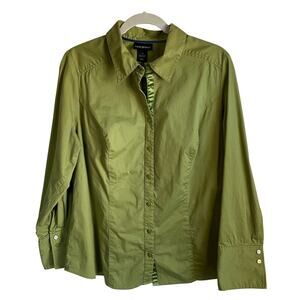 Lane Bryant Button Up Blouse Top Sz 18 Green Textured Long Sleeves Collared